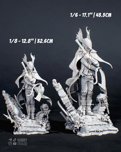 Two unpainted fantasy hunter resin figures in 1/8 and 1/6 scale with ruined gothic base
