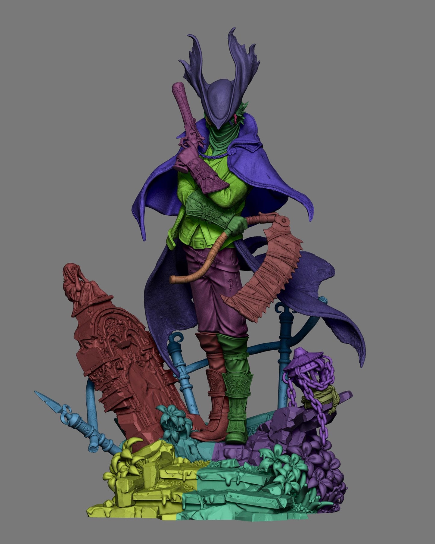 Colored 3D model render of a fantasy hunter figure with antlered hat rifle and flowing cloak