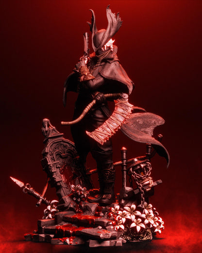 Handpainted fantasy hunter resin figure with glowing red accents rifle and flowing cape on ruined base