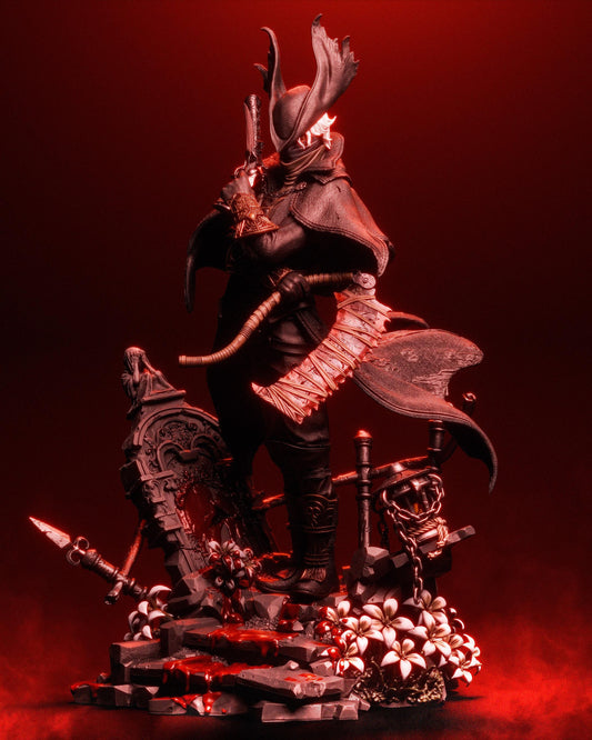 Handpainted fantasy hunter resin figure with glowing red accents rifle and flowing cape on ruined base