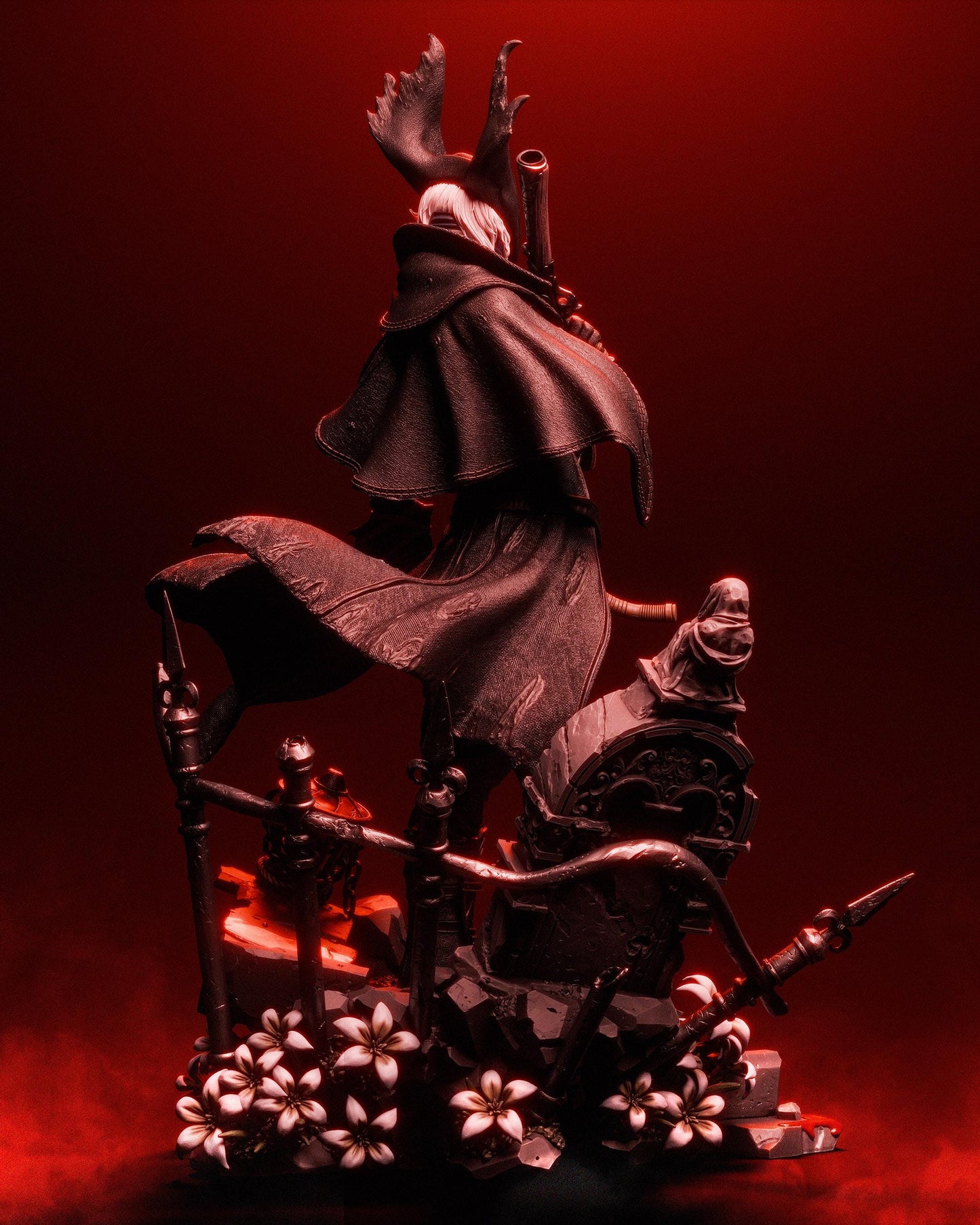 Rear view of a handpainted fantasy hunter resin figure with flowing cape and gothic ruined base
