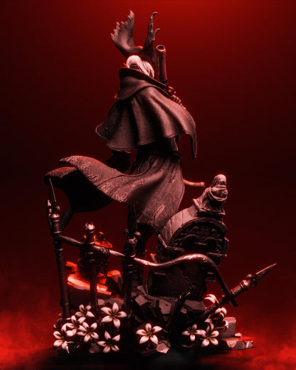 Rear view of a handpainted fantasy hunter resin figure with flowing cape and gothic ruined base