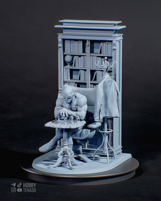 Unpainted resin figure of a seated superhero playing chess beside a tall bookshelf and hanging costume display