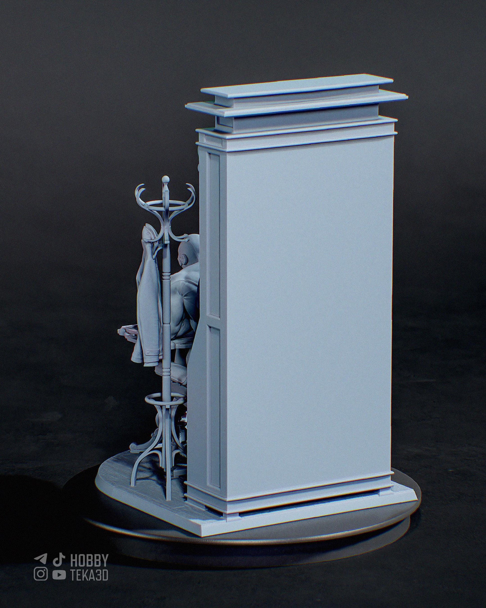 Unpainted superhero resin figure seated at a chess table beside a bookshelf and coat stand display