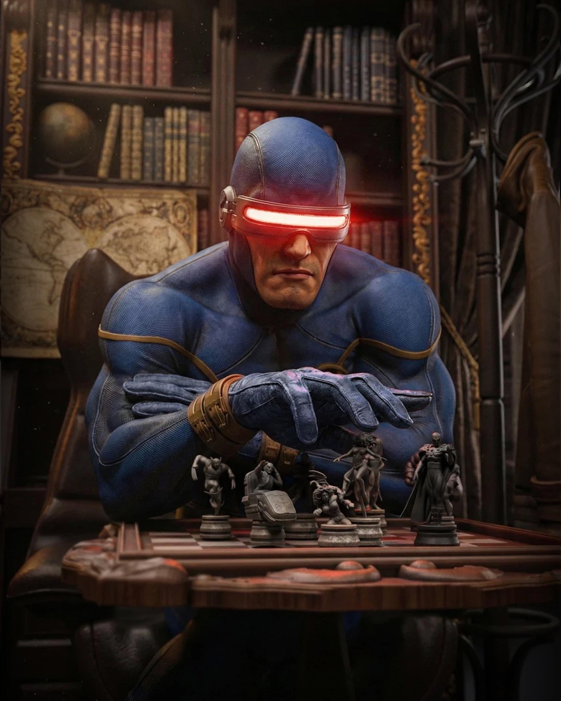 Close-up handpainted superhero resin statue with glowing visor playing chess beside detailed miniature pieces