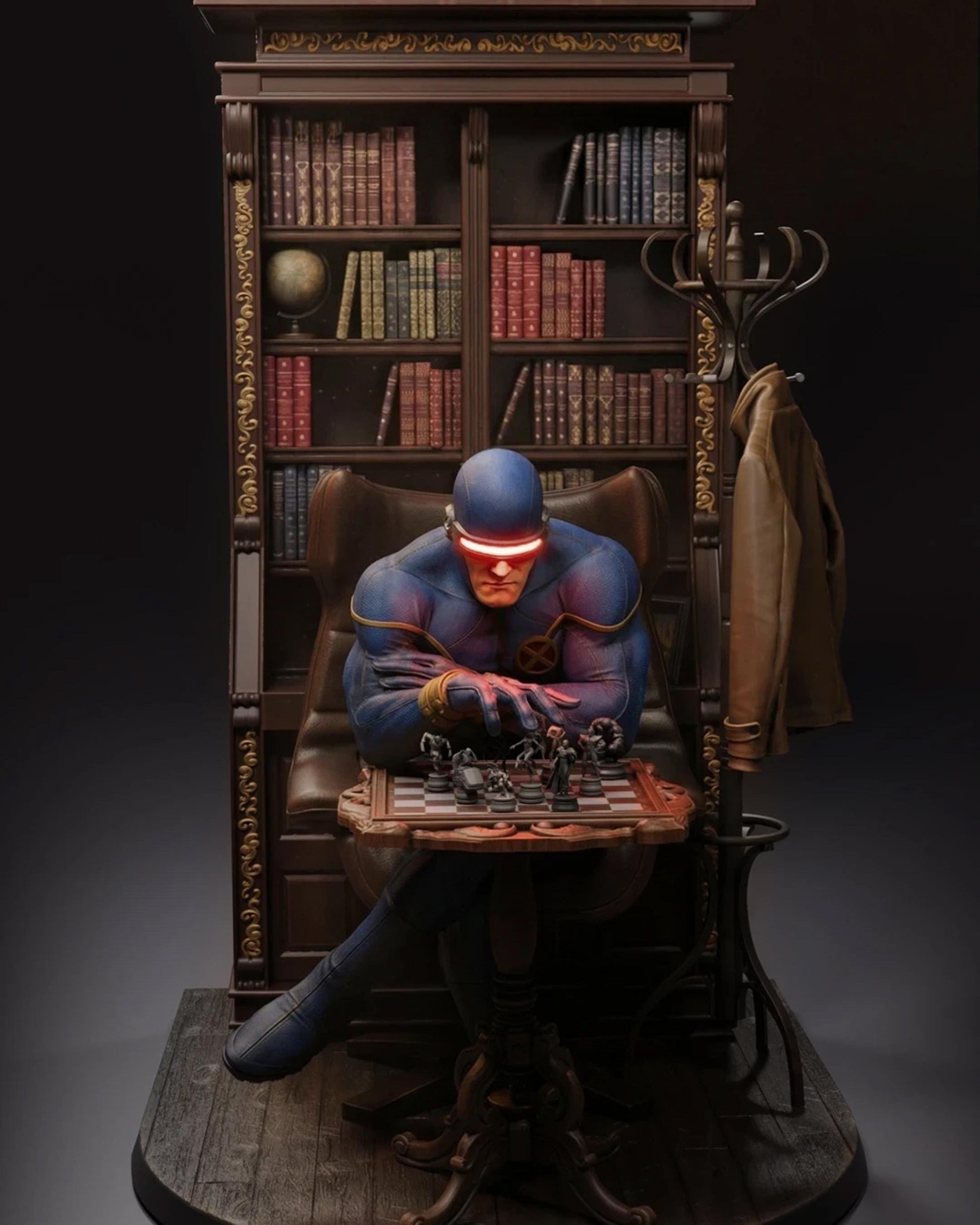 Handpainted superhero resin figure playing chess in front of a tall bookshelf with glowing red visor
