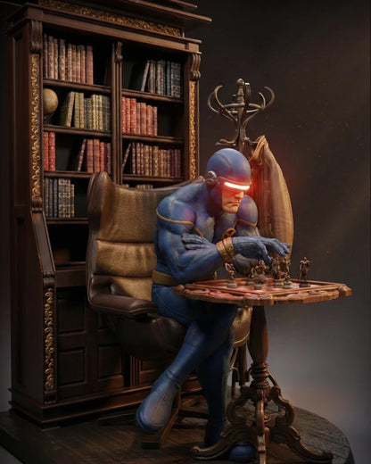 Handpainted superhero resin figure seated at a chess table with bookshelf backdrop and glowing visor effect