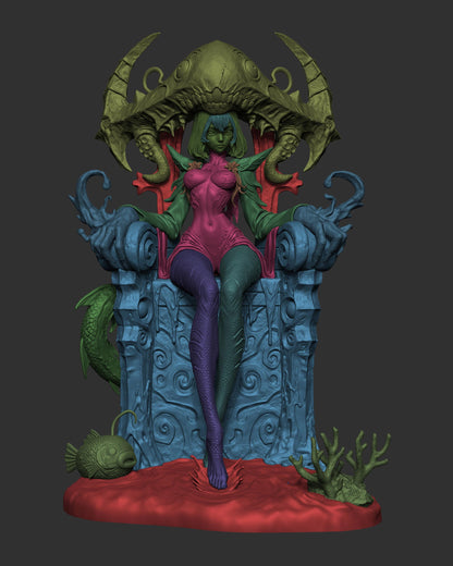 Colored 3D model render of a fantasy sea queen seated on an underwater monster throne with tentacles