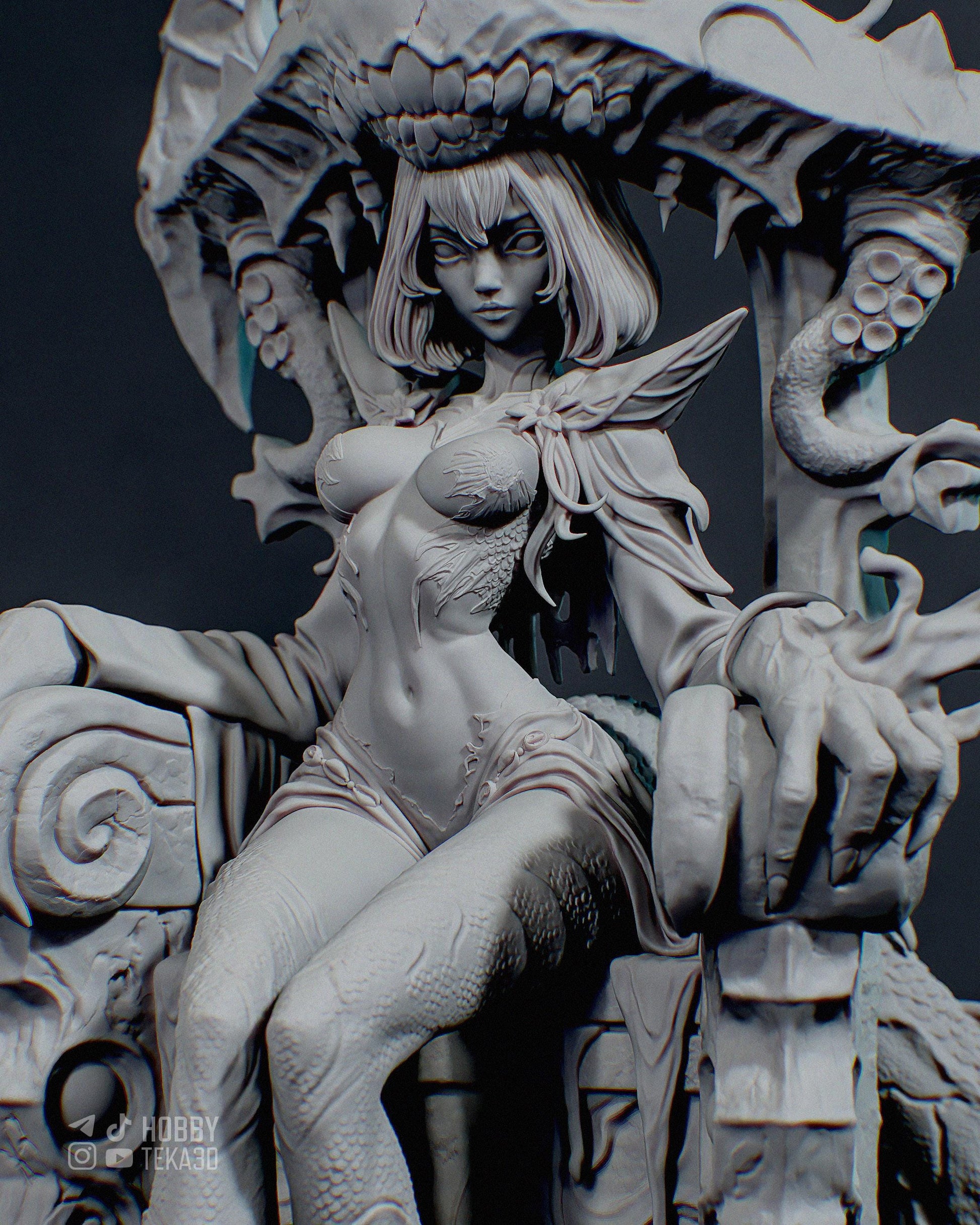 Close-up unpainted fantasy resin statue of a sea queen with textured scales and organic throne details