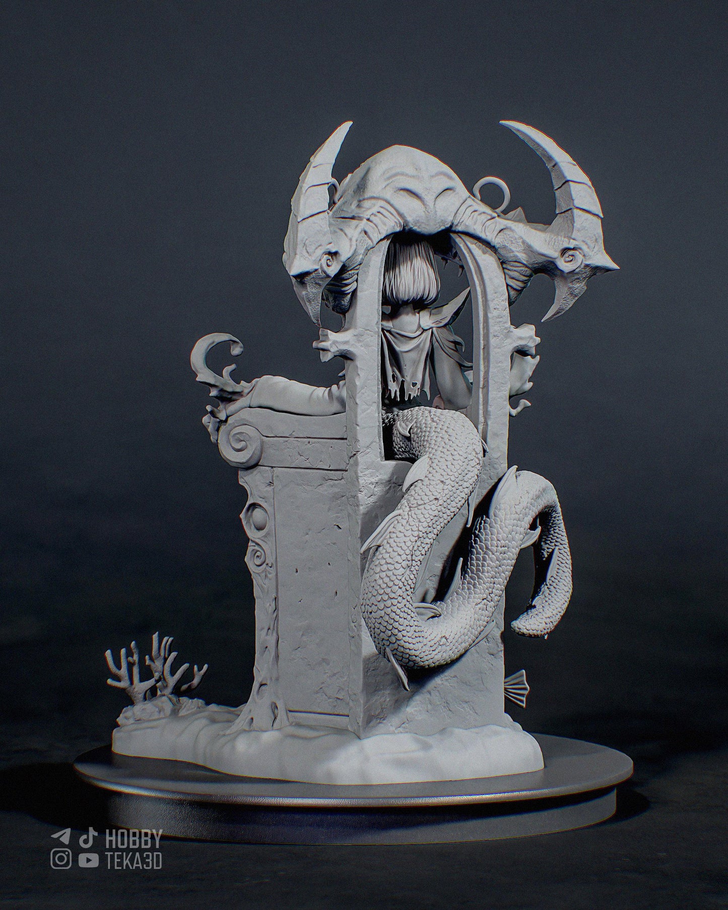 Rear view of an unpainted fantasy resin figure with serpent tail and underwater throne base
