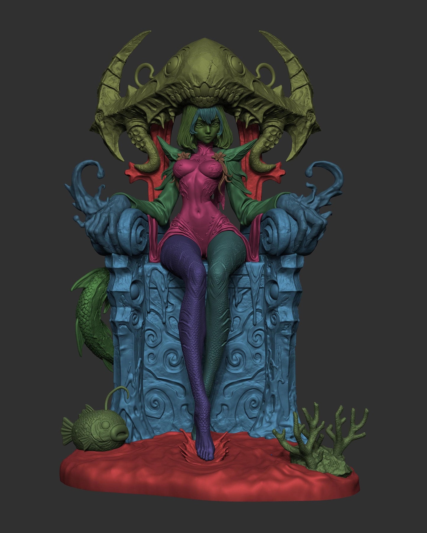 Colored 3D model render of a fantasy sea queen seated on an underwater monster throne with tentacles
