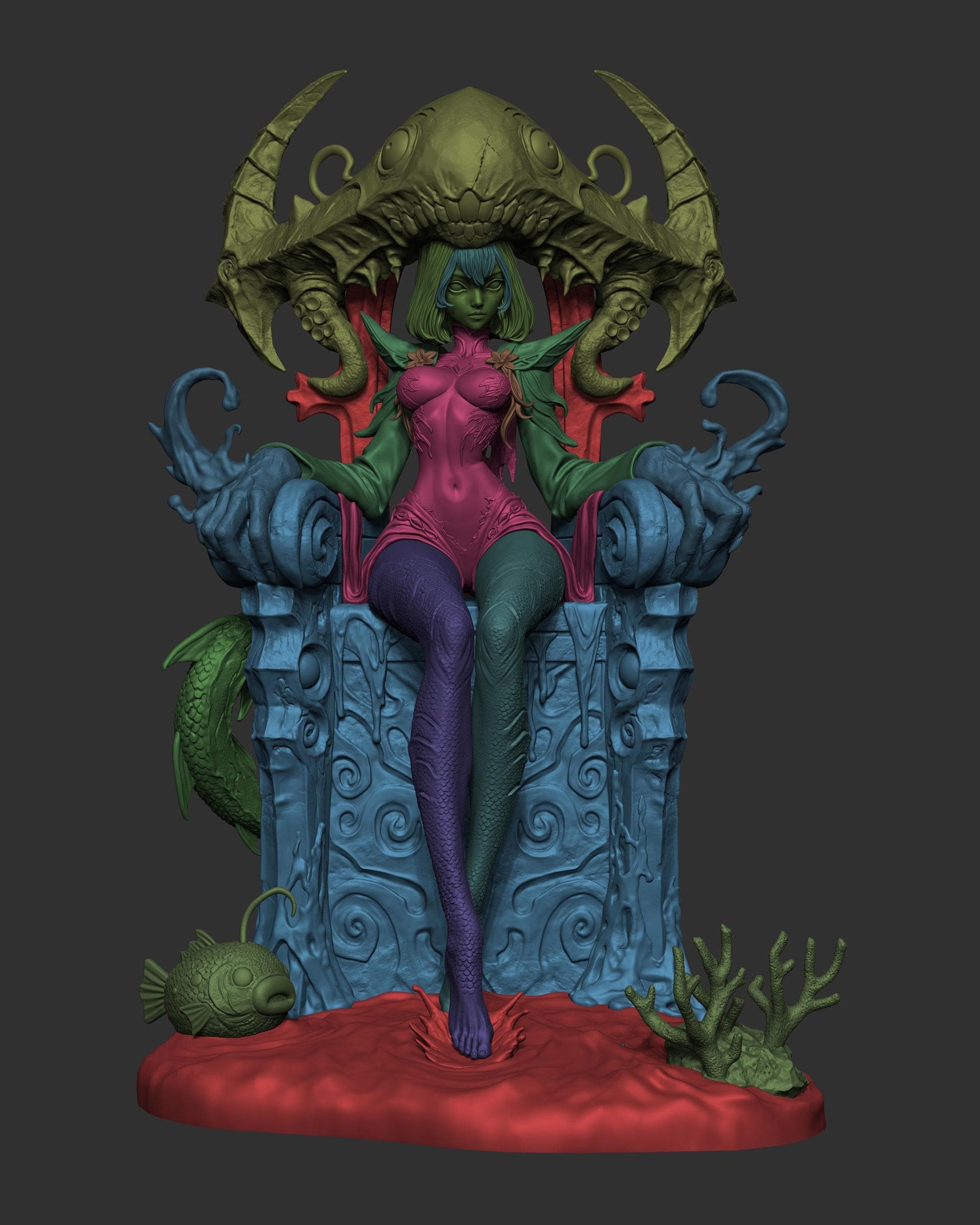 Colored 3D model render of a fantasy sea queen seated on an underwater monster throne with tentacles