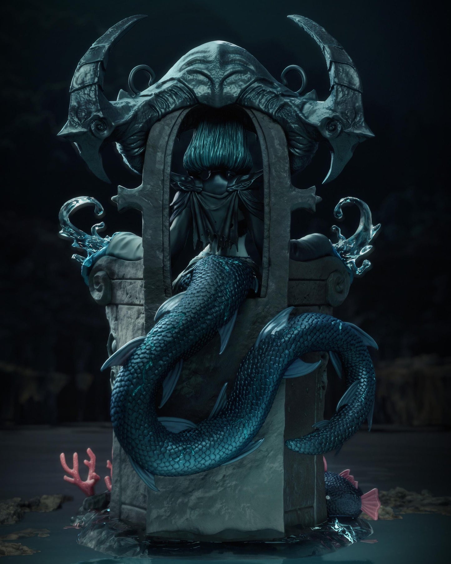 Rear view of a handpainted fantasy resin figure with serpent tail and underwater monster throne