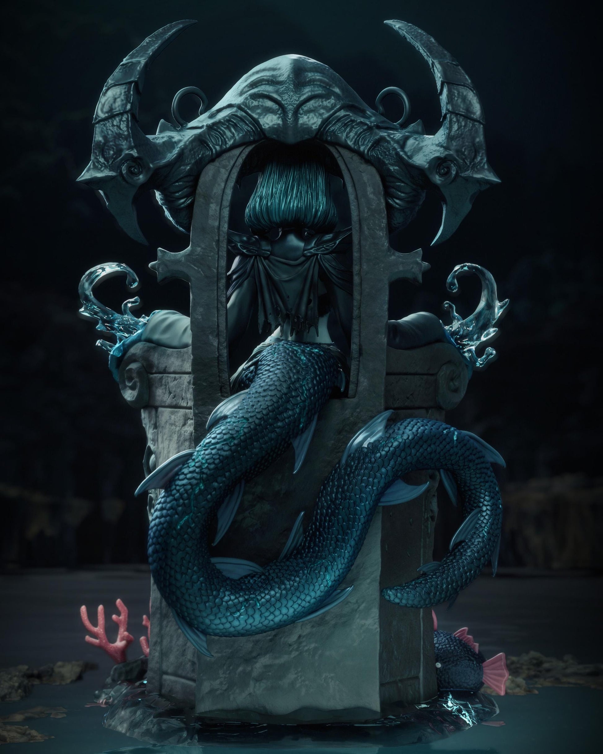 Rear view of a handpainted fantasy resin figure with serpent tail and underwater monster throne