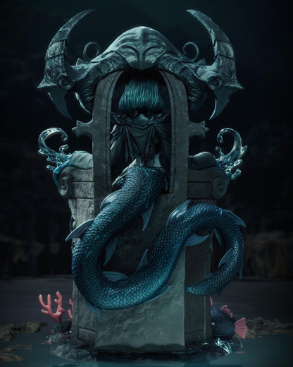 Rear view of a handpainted fantasy resin figure with serpent tail and underwater monster throne