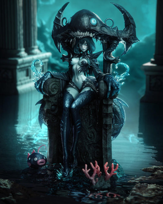 Handpainted fantasy resin figure of a sea queen seated on a monster throne with underwater effects and coral base