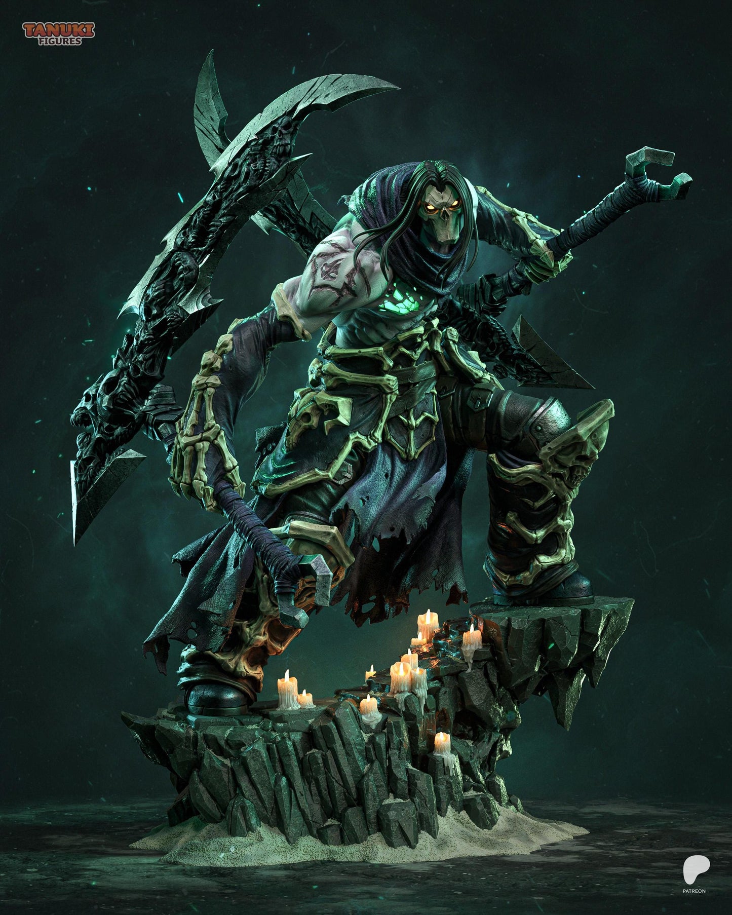Hand Painted Dark Fantasy Reaper Resin Statue – 1/8 and 1/6 Scale – Undead Warrior with Scythes and Rock Base – photo 2