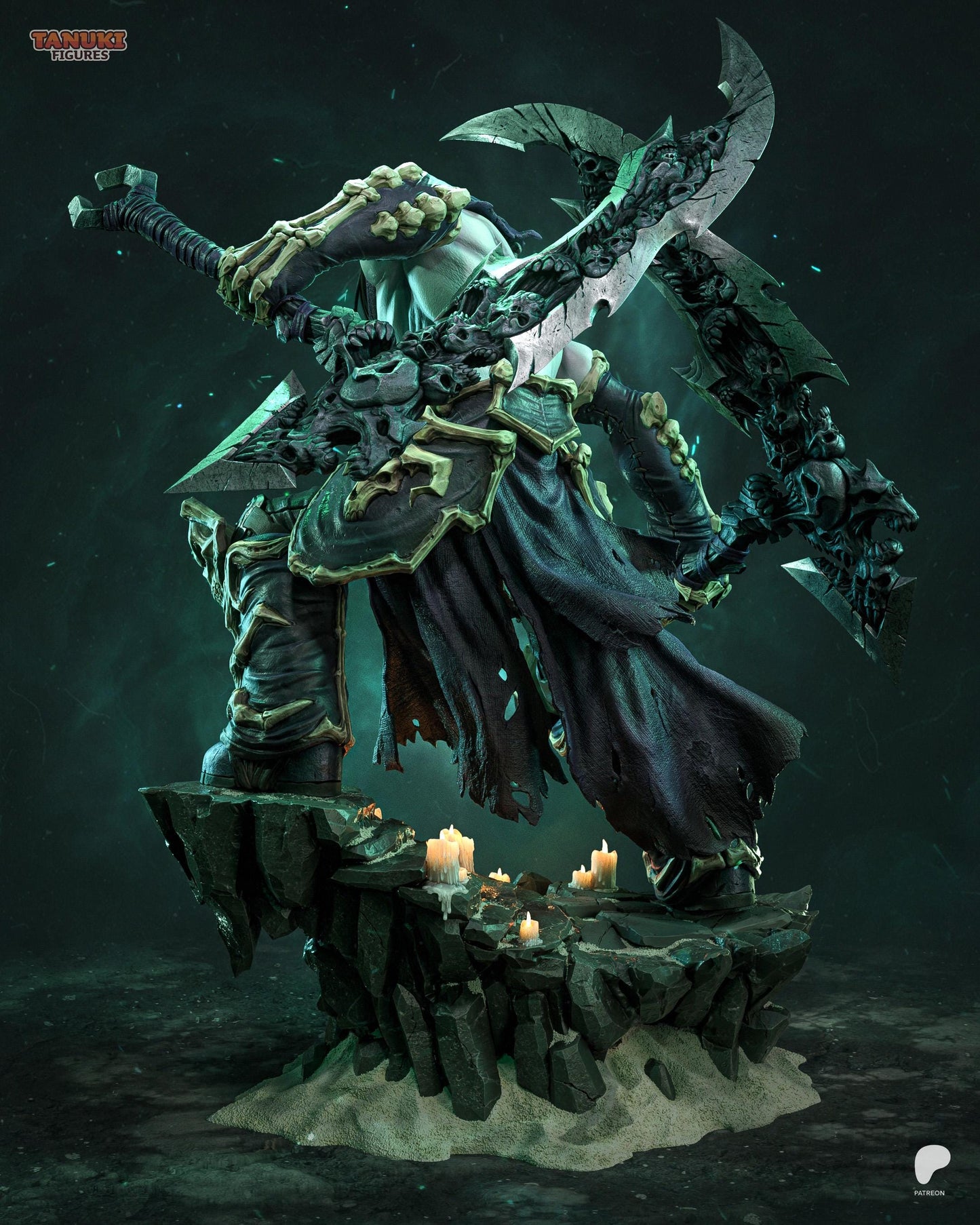 Hand Painted Dark Fantasy Reaper Resin Statue – 1/8 and 1/6 Scale – Undead Warrior with Scythes and Rock Base – photo 4