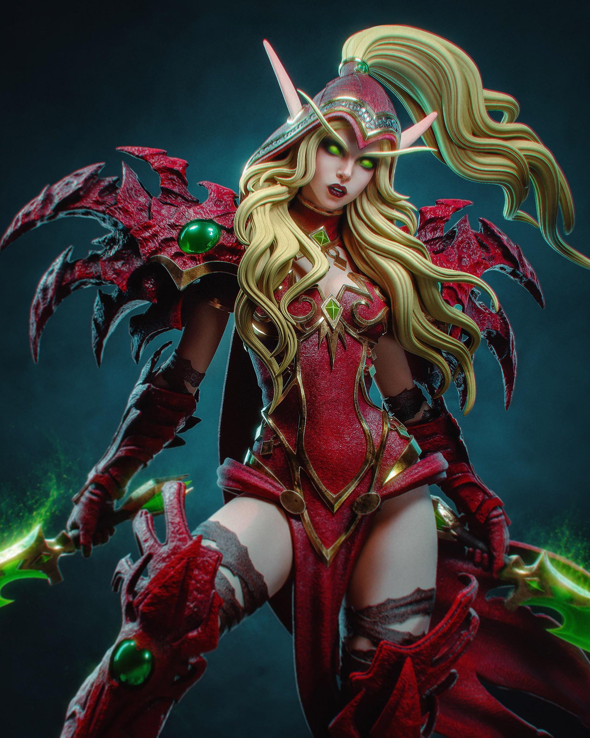 Hand Painted Dark Fantasy Elven Assassin Resin Statue – 1/8 and 1/6 Scale with Clear Green Energy Blades – photo 2