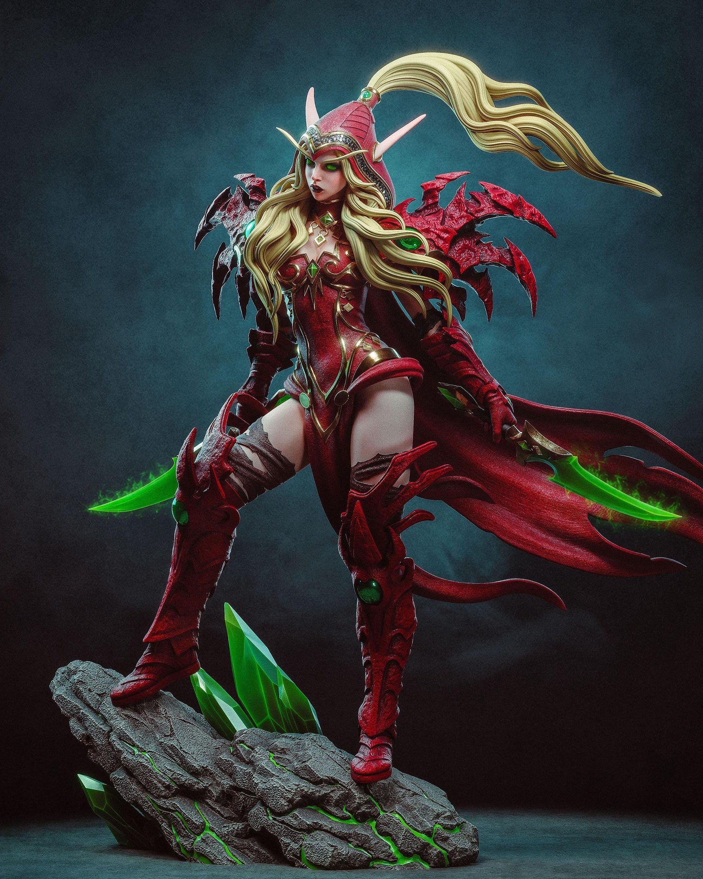 Hand Painted Dark Fantasy Elven Assassin Resin Statue – 1/8 and 1/6 Scale with Clear Green Energy Blades – photo 4