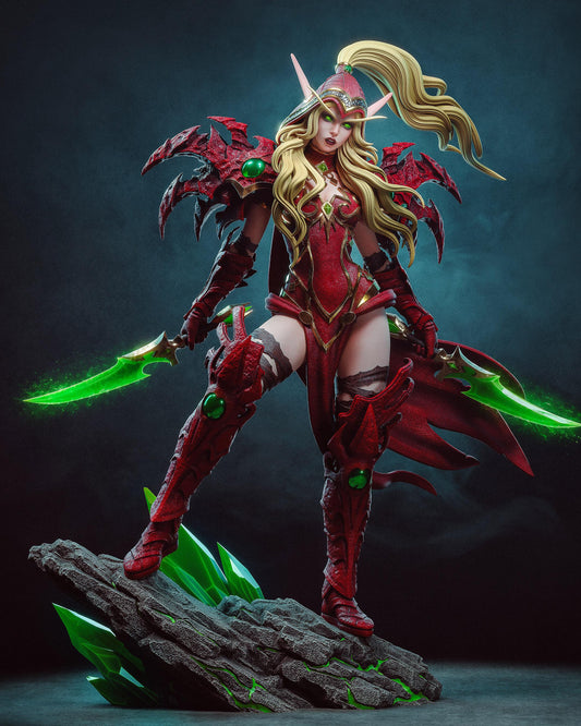 Hand Painted Dark Fantasy Elven Assassin Resin Statue – 1/8 and 1/6 Scale with Clear Green Energy Blades – photo 1