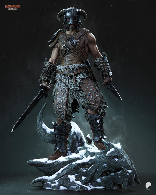 Hand Painted Horned Warrior Resin Statue – 1/8 and 1/6 Scale – Dark Fantasy Armored Figure on Snowy Dragon Base – photo 1