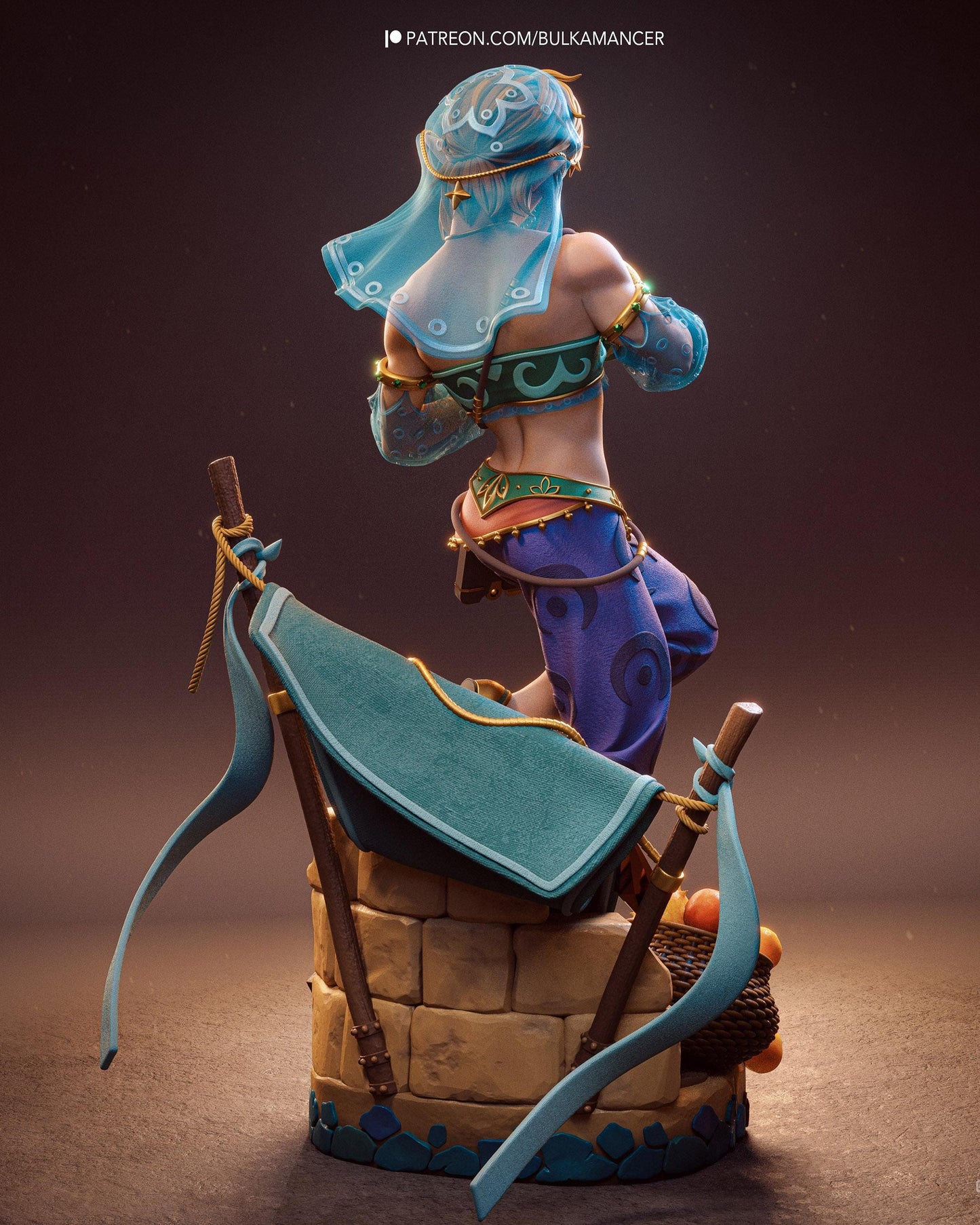 Hand Painted Desert Elf Adventurer Resin Statue – 1/8 and 1/6 Scale – Masked Fantasy Traveler with Camp Base