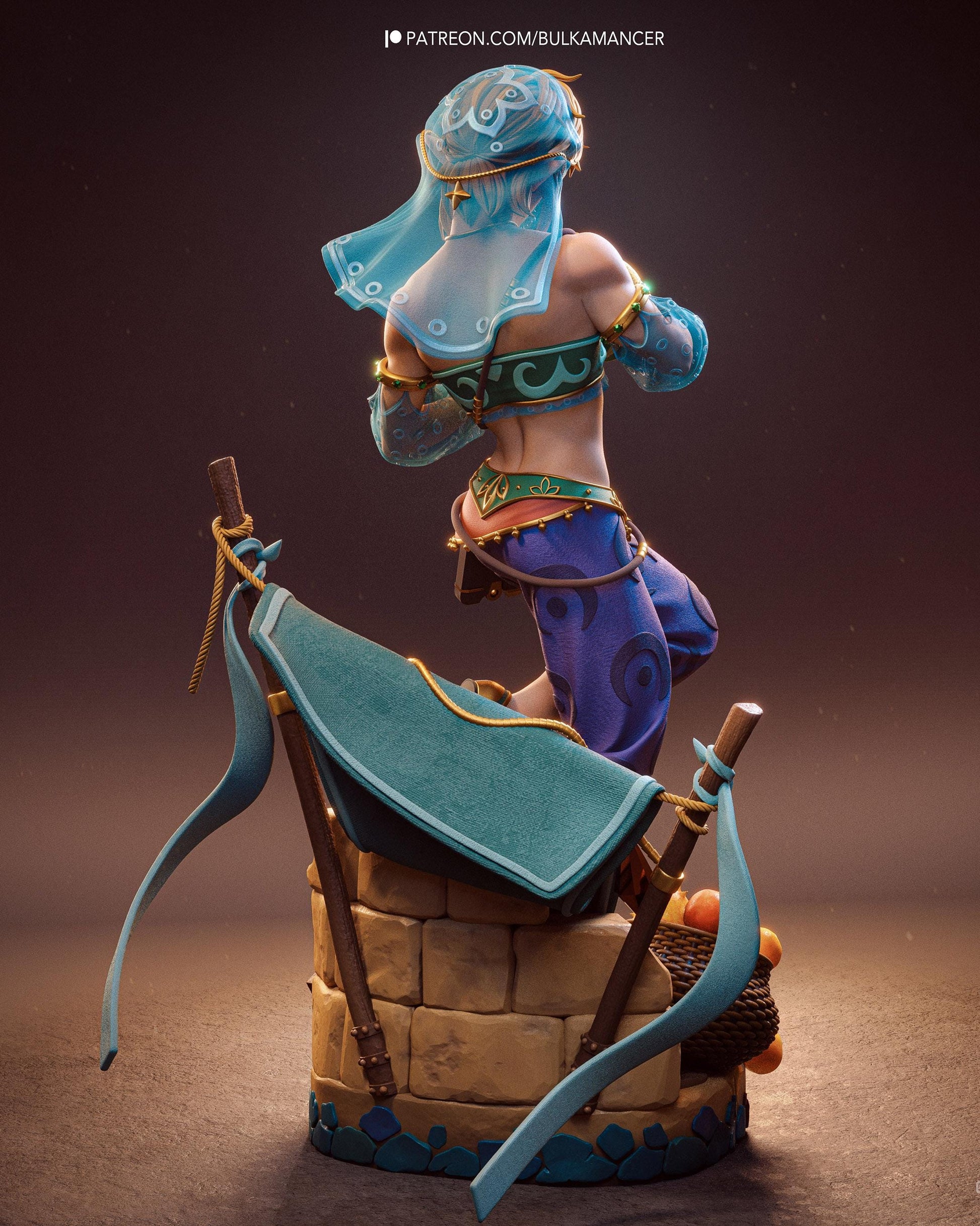 Hand Painted Desert Elf Adventurer Resin Statue – 1/8 and 1/6 Scale – Masked Fantasy Traveler with Camp Base