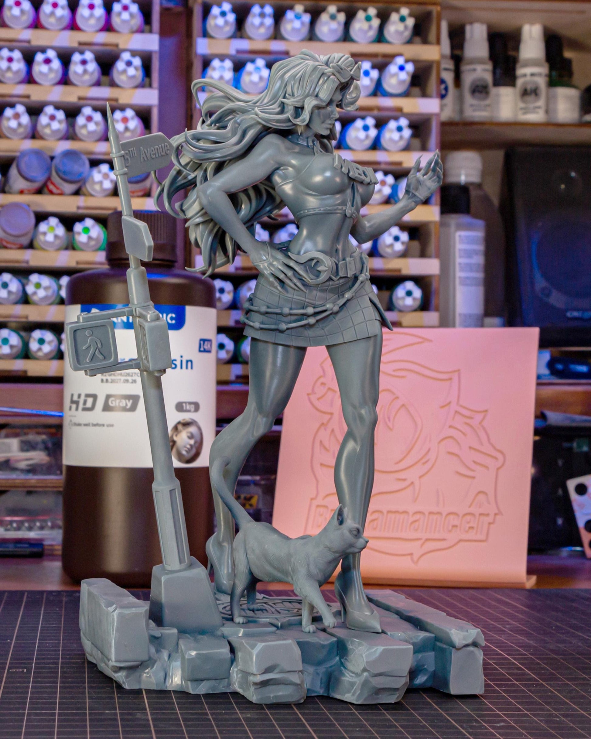 Feline Heroine Resin Model Kit – Unpainted – 1/8 and 1/6 Scale – by Bulkamancer – Cat Companion and Urban Display Base