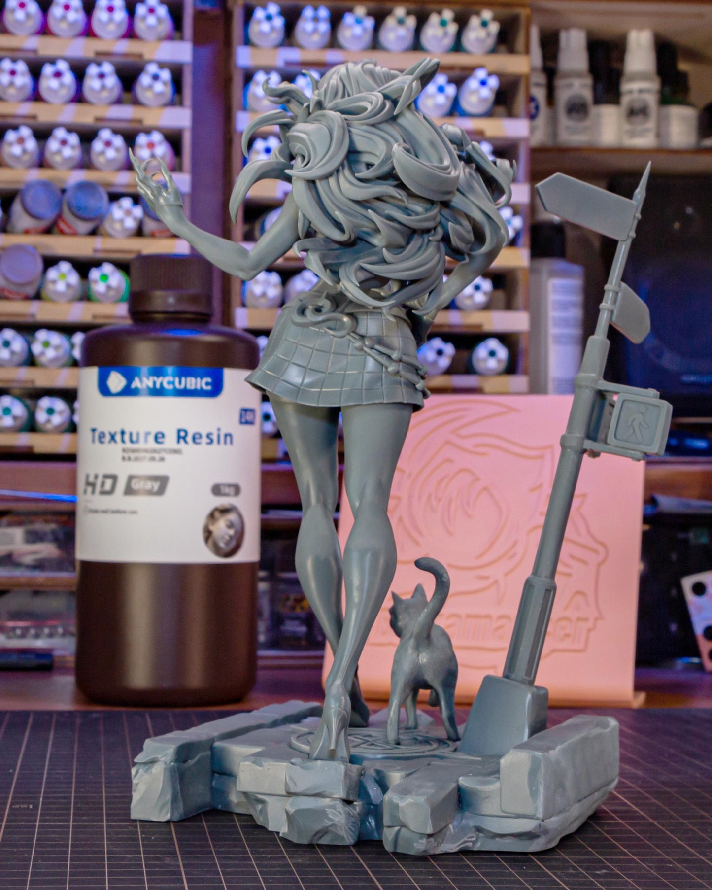 Feline Heroine Resin Model Kit – Unpainted – 1/8 and 1/6 Scale – by Bulkamancer – Cat Companion and Urban Display Base