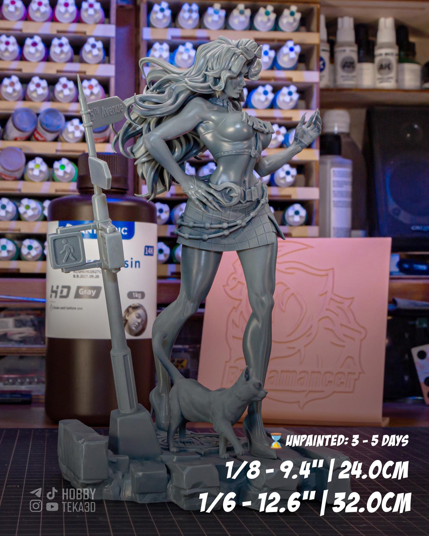 Feline Heroine Resin Model Kit – Unpainted – 1/8 and 1/6 Scale – by Bulkamancer – Cat Companion and Urban Display Base