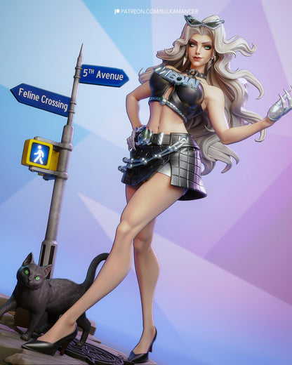 Hand Painted Feline Heroine Resin Statue – 1/8 and 1/6 Scale – White Haired Figure with Cat Companion and Urban Base