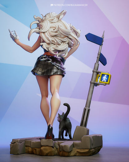 Hand Painted Feline Heroine Resin Statue – 1/8 and 1/6 Scale – White Haired Figure with Cat Companion and Urban Base