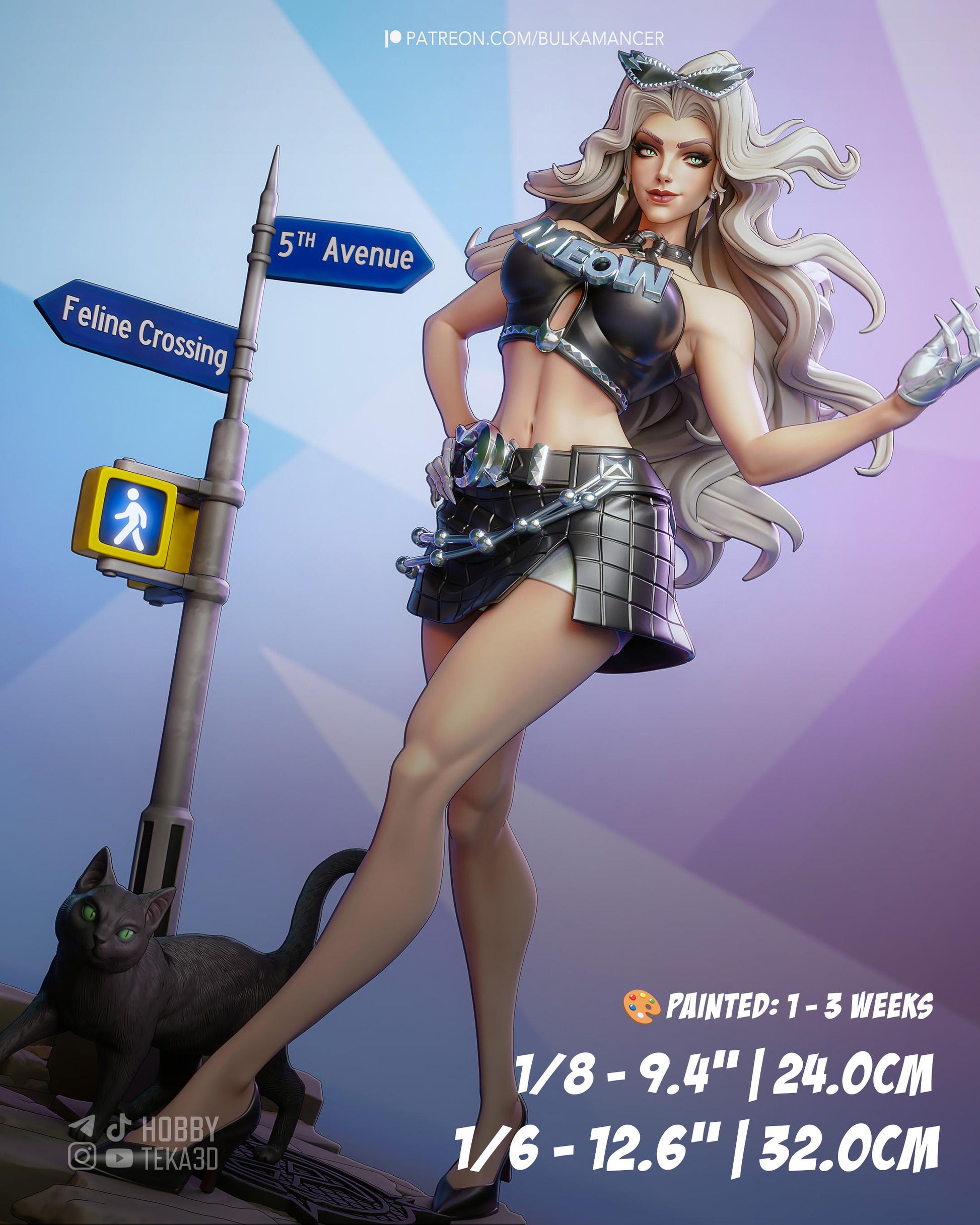 Hand Painted Feline Heroine Resin Statue – 1/8 and 1/6 Scale – White Haired Figure with Cat Companion and Urban Base