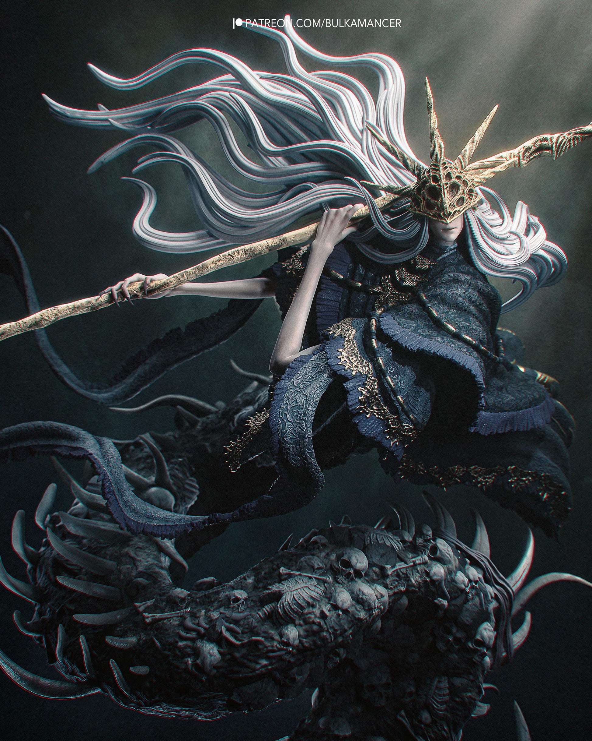 Hand Painted Dark Fantasy Resin Statue – 1/8 and 1/6 Scale – Staff Wielding Sorcerer on Monster Display Base