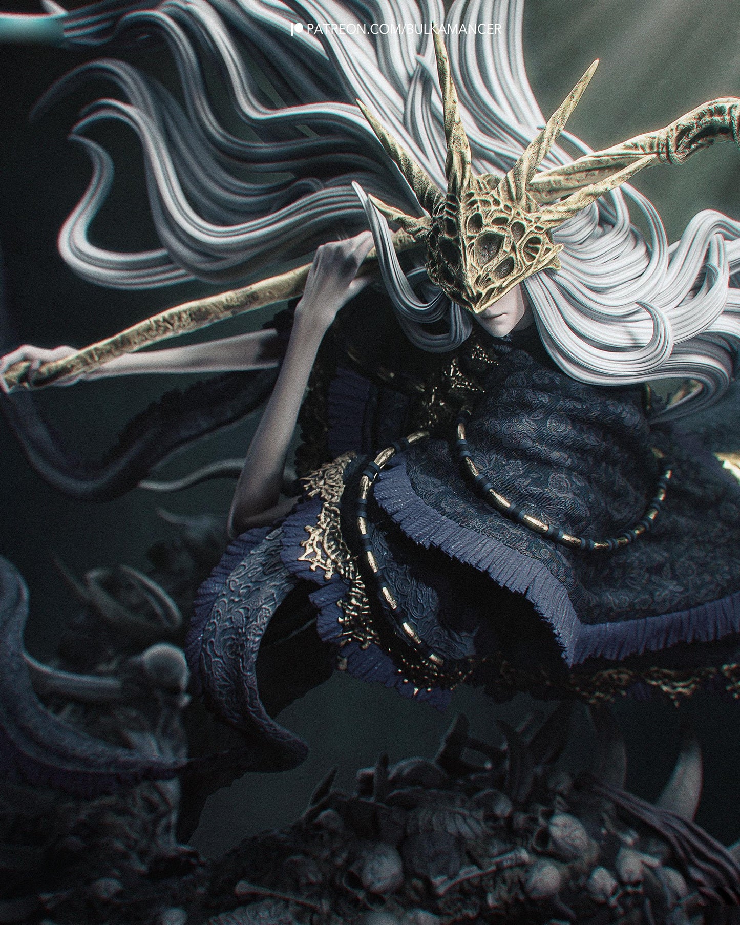 Hand Painted Dark Fantasy Resin Statue – 1/8 and 1/6 Scale – Staff Wielding Sorcerer on Monster Display Base