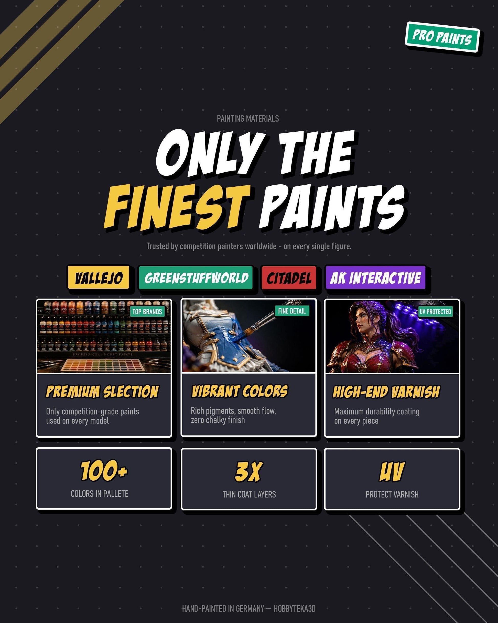 Painting materials infographic featuring Vallejo Citadel AK Interactive and Green Stuff World hobby paints