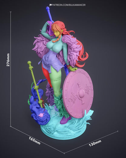 A colorful, 3D-rendered statue of a woman with long, flowing hair and a pink shield, standing on a blue base.