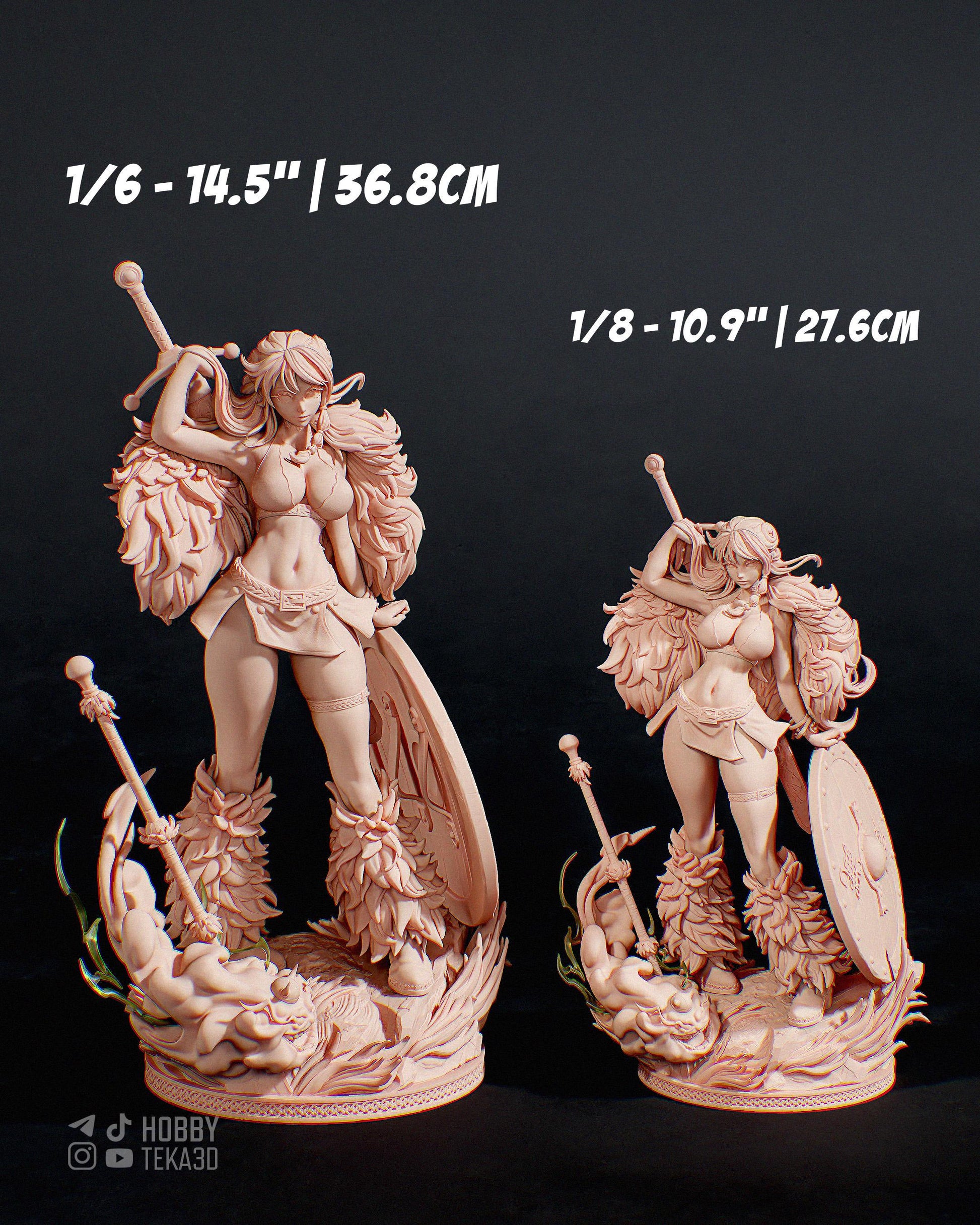 two figurines of women, each with a unique pose and weapon, set against a dark background.