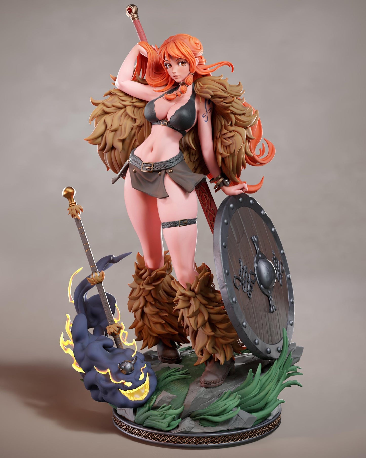 A 3D model of a female warrior figure with orange hair, wearing a fur-trimmed outfit and wielding a sword and shield.