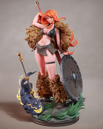 A 3D model of a female warrior figure with orange hair, wearing a fur-trimmed outfit and wielding a sword and shield.