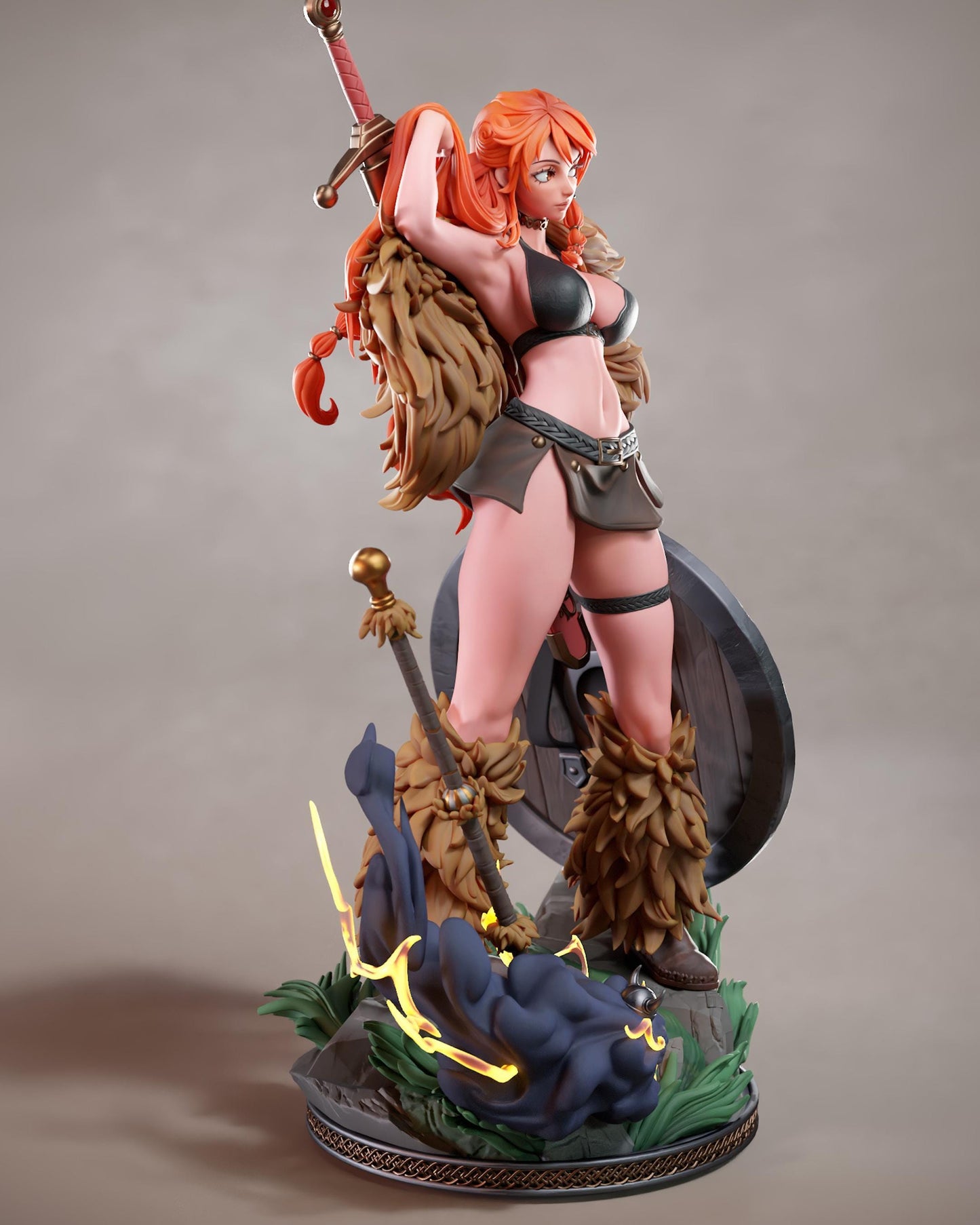 A 3D model of a female warrior figure with red hair, wearing a black outfit and wielding a sword and shield.