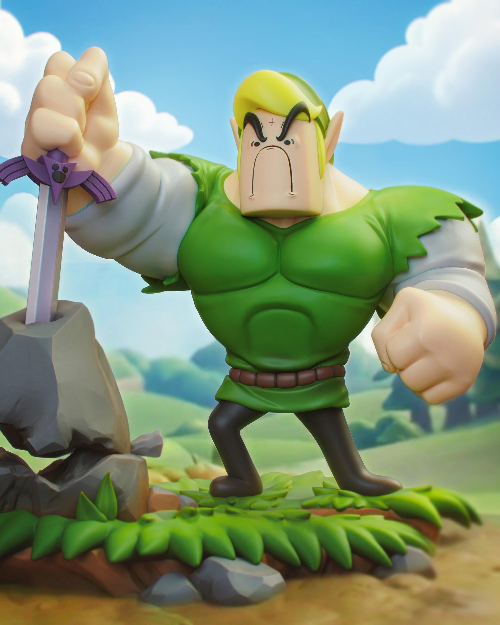 Hand Painted Cute Elf Warrior Resin Statue – 1/8 and 1/6 Scale – Stylized Fantasy Hero with Sword and Rock Base