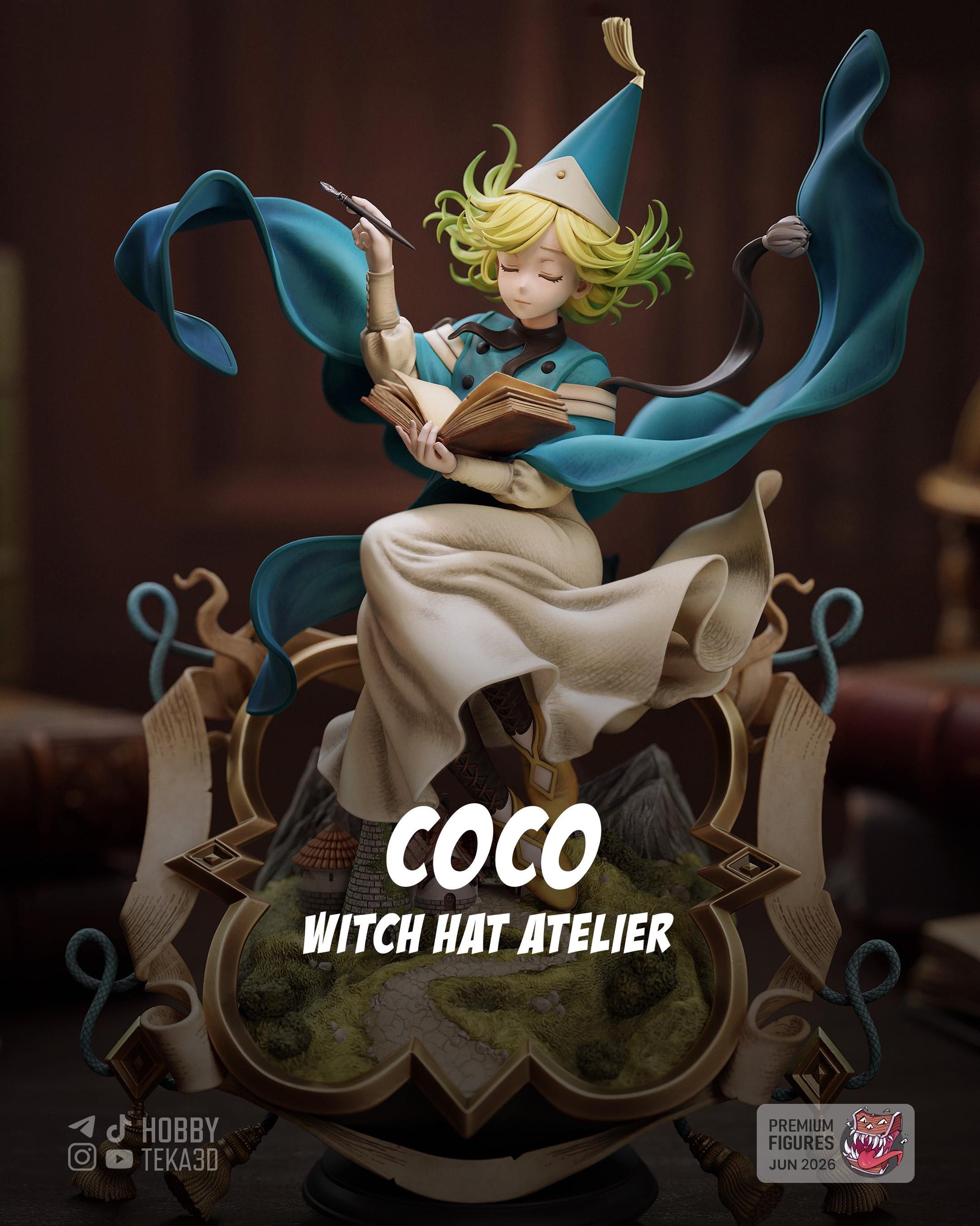 Hand Painted Cute Witch Mage Resin Statue – 1/8 and 1/6 Scale – Anime Style Book Figure with Magic Diorama
