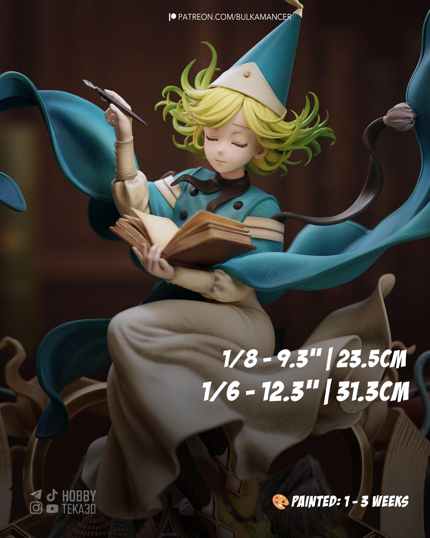 Hand Painted Cute Witch Mage Resin Statue – 1/8 and 1/6 Scale – Anime Style Book Figure with Magic Diorama