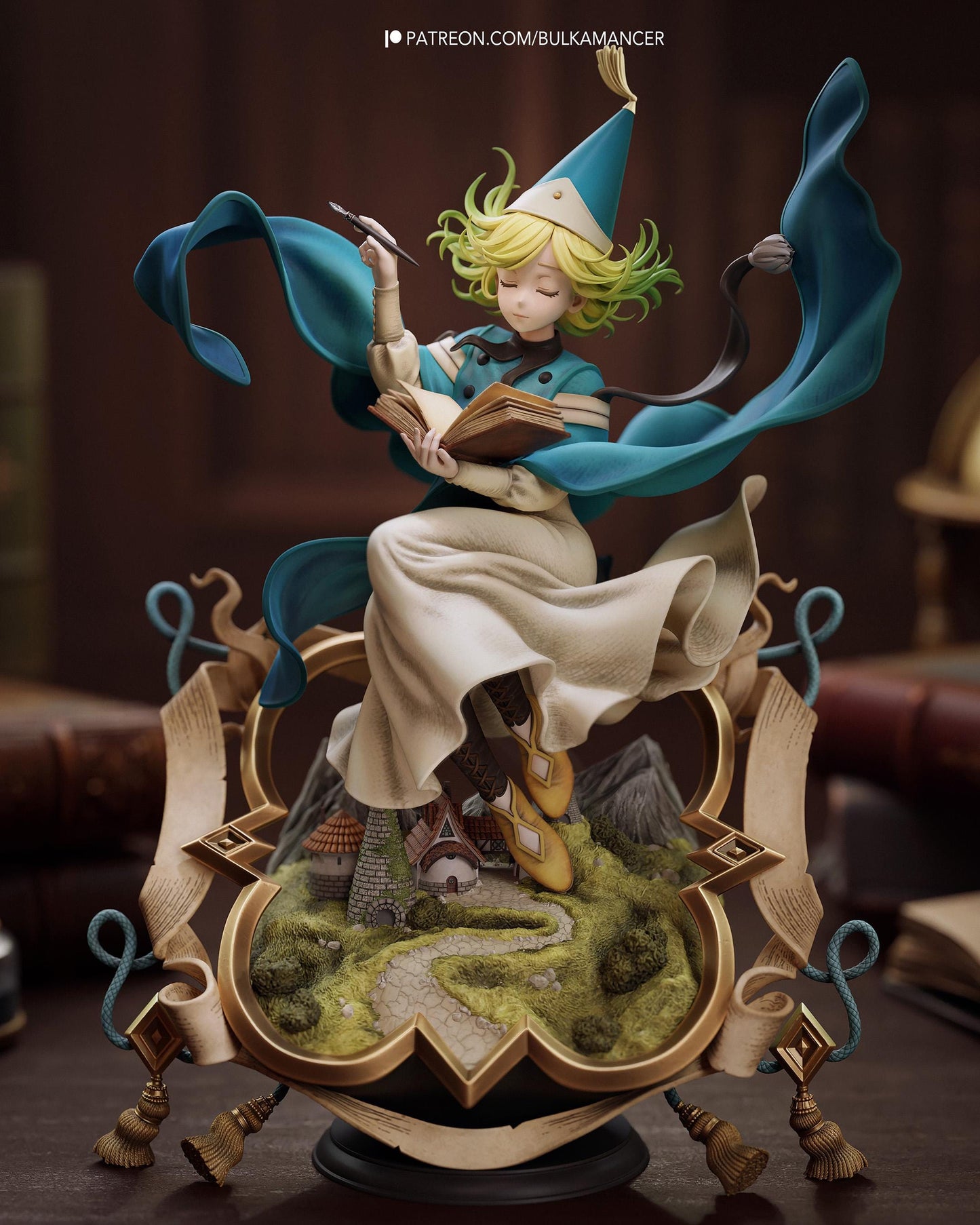 Hand Painted Cute Witch Mage Resin Statue – 1/8 and 1/6 Scale – Anime Style Book Figure with Magic Diorama