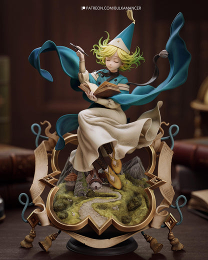 Hand Painted Cute Witch Mage Resin Statue – 1/8 and 1/6 Scale – Anime Style Book Figure with Magic Diorama