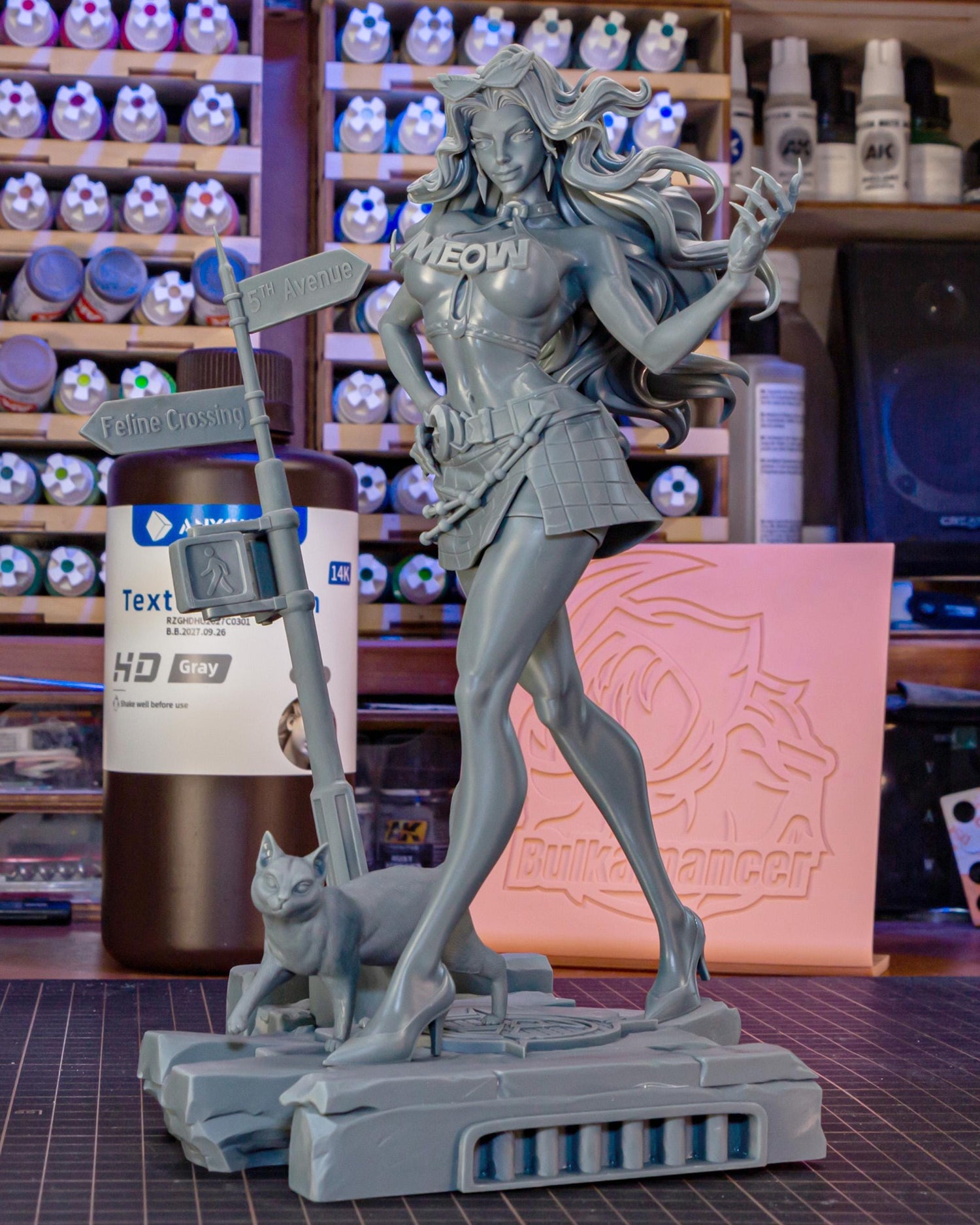 Feline Heroine Resin Model Kit – Unpainted – 1/8 and 1/6 Scale – by Bulkamancer – Cat Companion and Urban Display Base