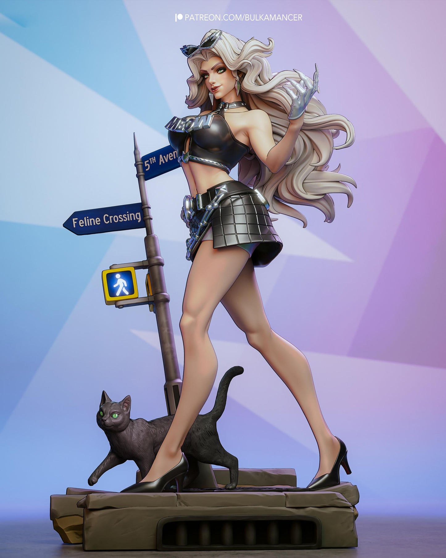 Hand Painted Feline Heroine Resin Statue – 1/8 and 1/6 Scale – White Haired Figure with Cat Companion and Urban Base