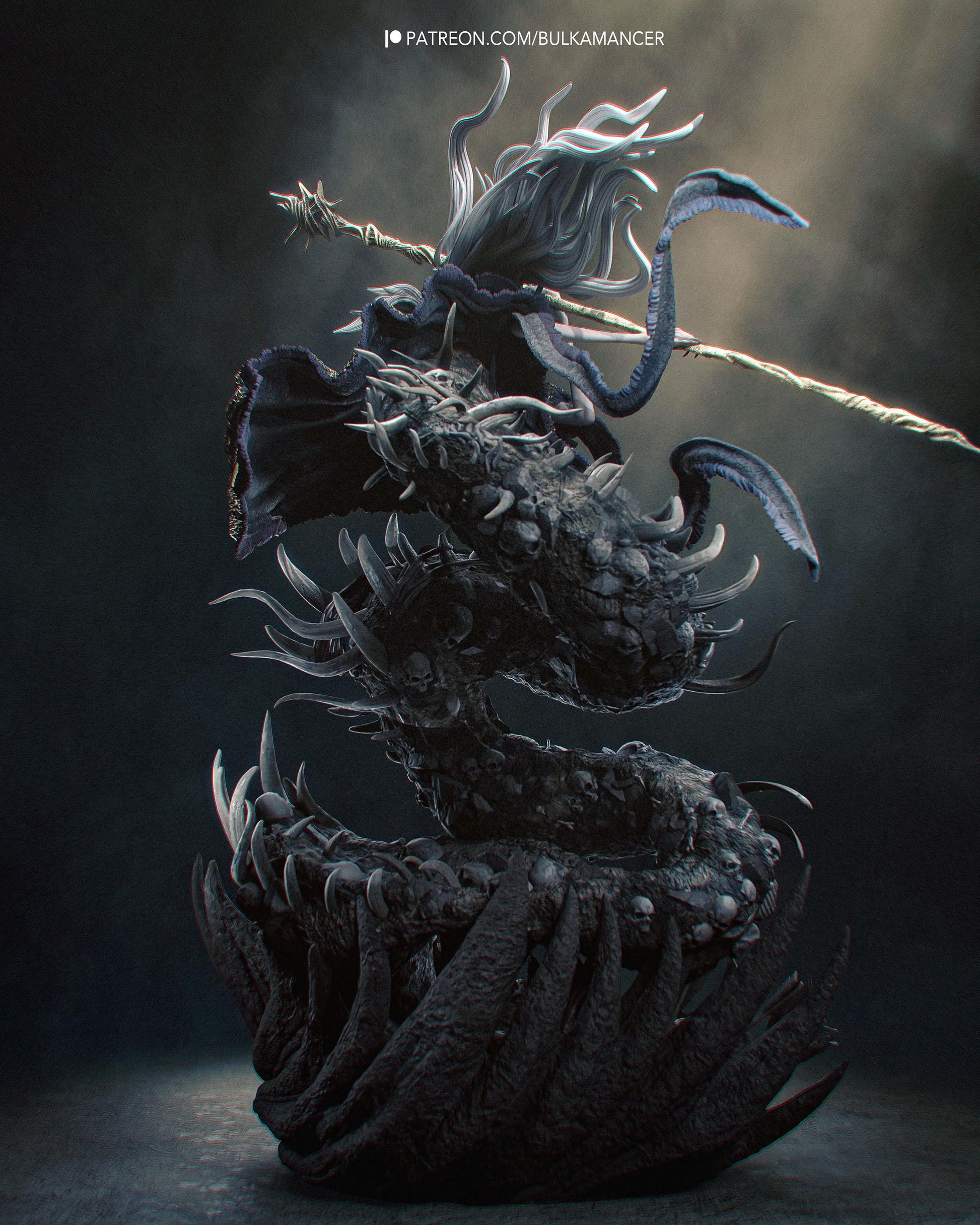 Hand Painted Dark Fantasy Resin Statue – 1/8 and 1/6 Scale – Staff Wielding Sorcerer on Monster Display Base